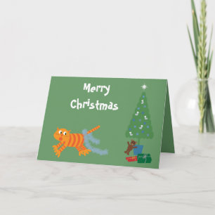 Funny Cat With Tinsel On Tail Green Christmas Card