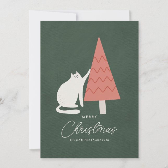 Funny Cat with Tree Merry Christmas Greeting Holiday Card (Front)