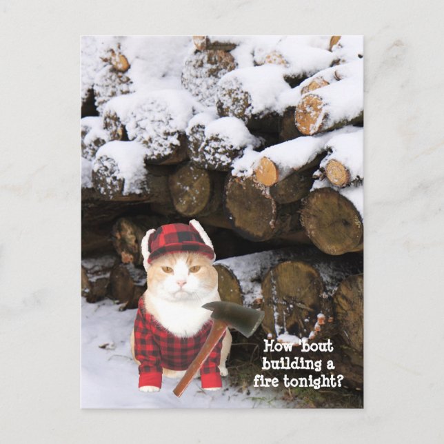 Funny Cat Woodcutter Postcard (Front)