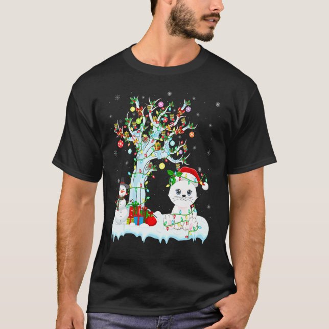 Funny Cat Xmas Tree Lighting Santa Hat Cat Christm T-Shirt (Front)