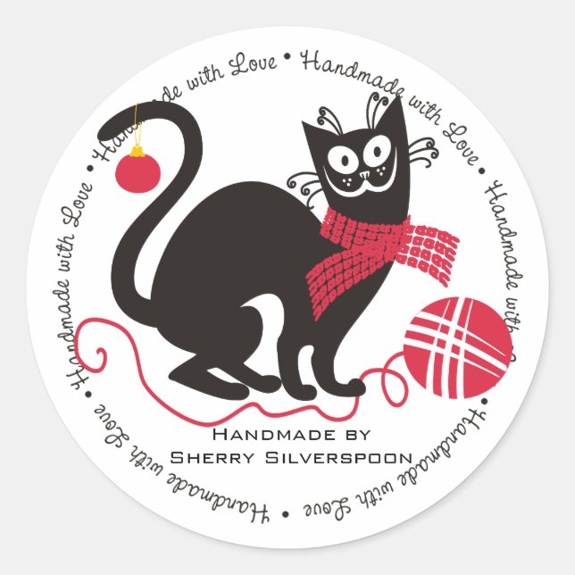 Funny cat yarn knitting crochet Christmas Classic Round Sticker (Front)