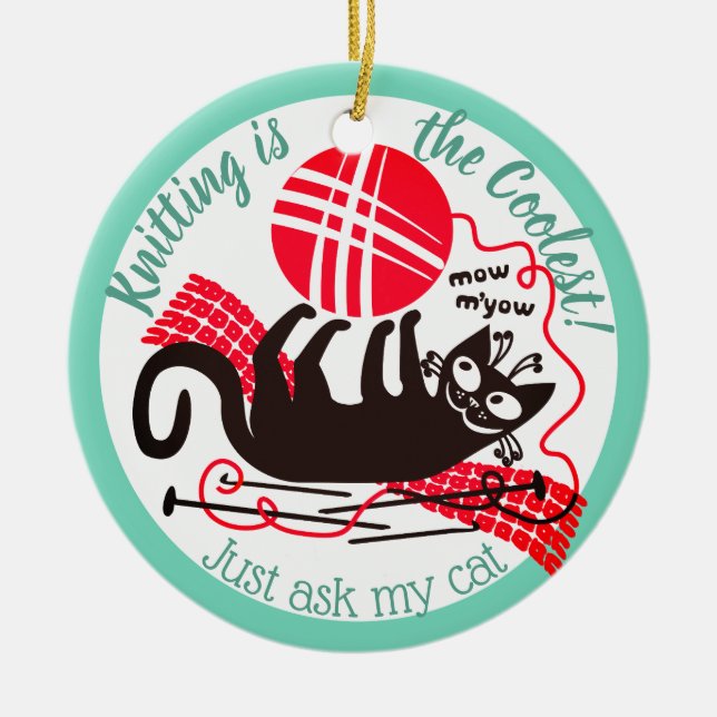 Funny cat yarn knitting crochet Christmas ornament (Front)