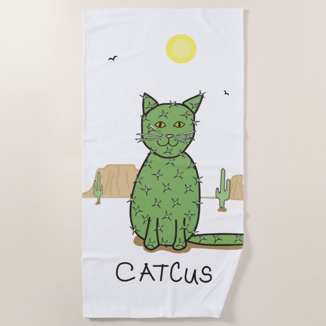 Funny "Catcus" Cactus Drawing Beach Towel (Front)