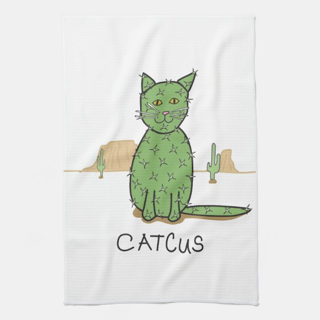 Funny "Catcus" Cactus Drawing Tea Towel (Vertical)