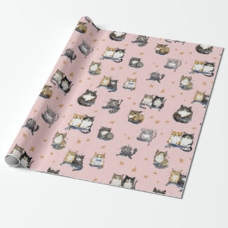 Funny Cats amongst the stars on pink cat patterned Wrapping Paper