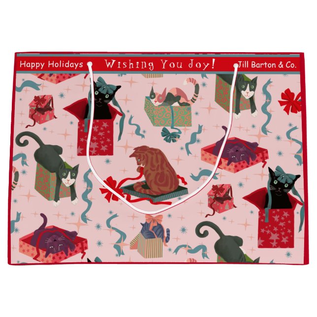 Funny Cats and Christmas Boxes Red Teal Custom  Large Gift Bag (Front)