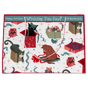 Funny Cats and Christmas Boxes White Custom Large Gift Bag