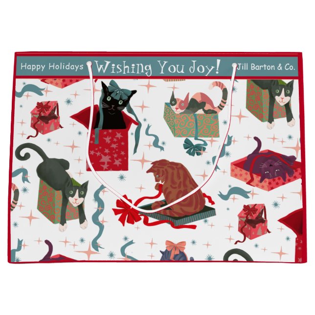 Funny Cats and Christmas Boxes White Custom Large Gift Bag (Front)