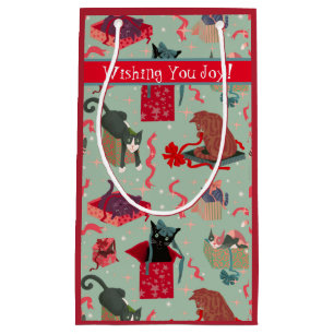 Funny Cats and Christmas Boxes White Custom Small Gift Bag