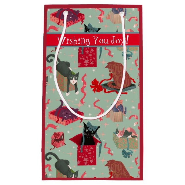 Funny Cats and Christmas Boxes White Custom Small Gift Bag (Front)