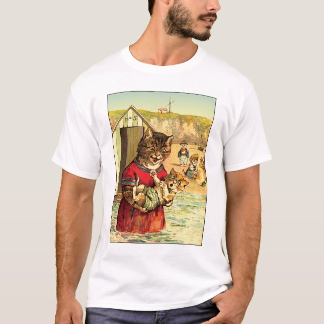 Funny Cats at the Beach - Louis Wain T-Shirt (Front)