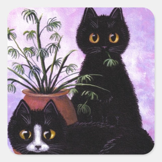 Funny Cats Black Tuxedo Creationarts Square Sticker (Front)
