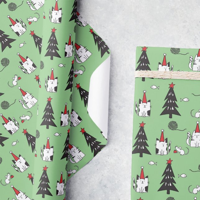 Funny Cats Christmas pattern green Wrapping Paper (Creator Uploaded)