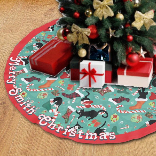 Funny cats Christmas stockings Brushed Polyester T Brushed Polyester Tree Skirt (Funny cat raids the Christmas Stockings. A personalized Christmas Tree skirt for cat lover families)