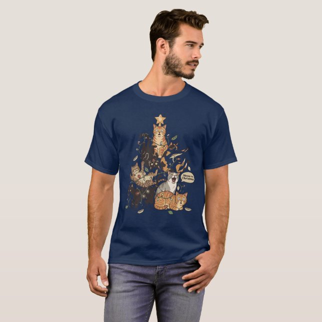 Funny Cats Christmas Tree Tangled Lights Holiday T-Shirt (Front Full)
