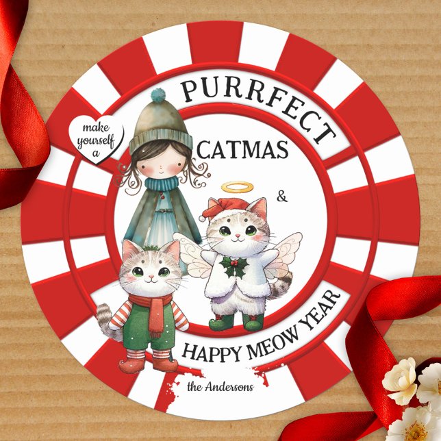 Funny Cats Crazy Cat Lady Cute Christmas Classic Round Sticker (Colorful Christmas sticker featuring illustrations of a cute cat angel, kitty and crazy cat lady)