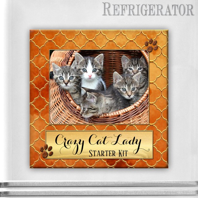 Funny Cats Crazy Cat Lady Photo Magnet (Photo magnet featuring your cat photo framed by a Moroccan quatrefoil gold print with cute paws)