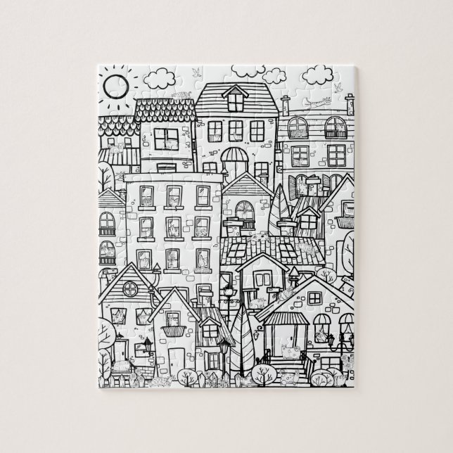 Funny Cats Detailed Town Black White Colouring Gif Jigsaw Puzzle (Vertical)
