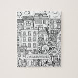 Funny Cats Detailed Town Black White Colouring Nam Jigsaw Puzzle<br><div class="desc">Black and white design for relaxing colouring,  whimsical detailed cosy town with houses and cute cats,  find and colour all of the cats hiding in this town. This puzzle would work great as a gift for a cat lover.</div>