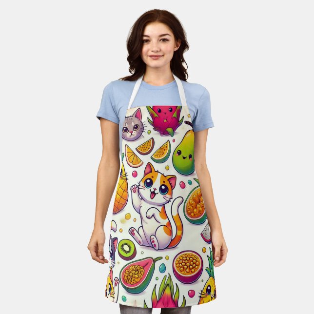 Funny Cats & Exotic Fruits Apron – Cute & Colourfu (Worn)