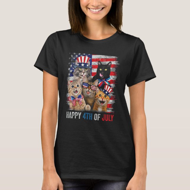 Funny Cats Happy 4th Of July American US Flag 4th  T-Shirt (Front)