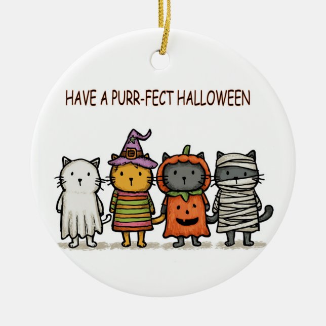 Funny Cats Happy Halloween  Ceramic Tree Decoration (Front)