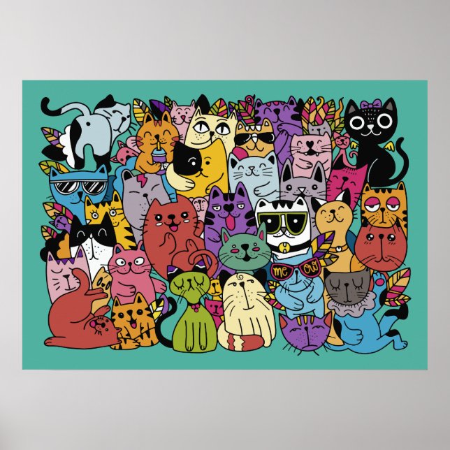 Funny Cats Illustration Custom Colour Poster (Front)