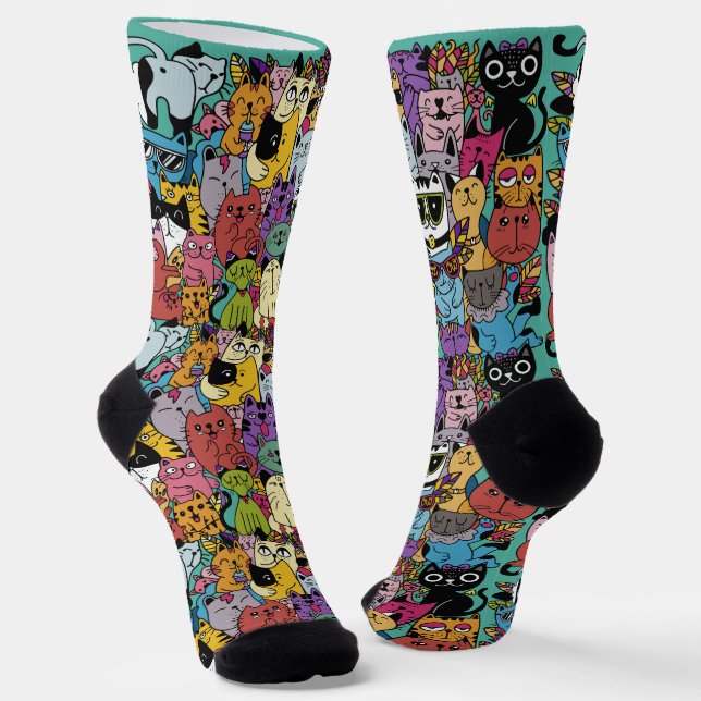 Funny Cats Illustration Custom Colour Socks (Angled)