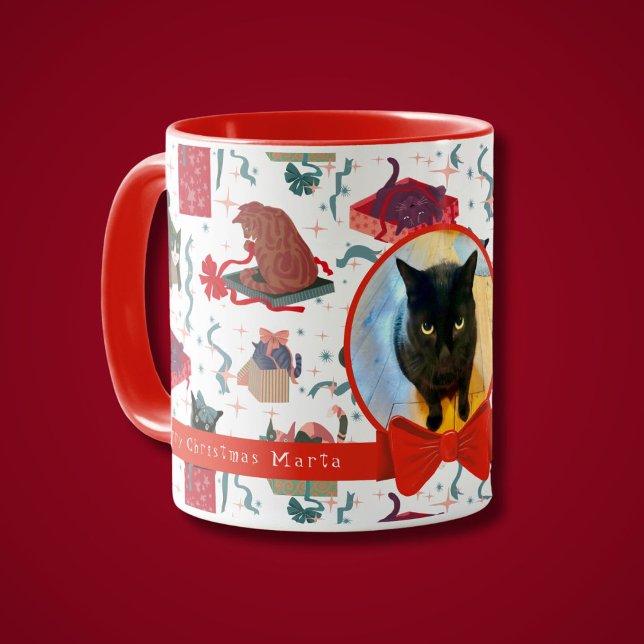 Funny Cats In Christmas Boxes Personalised  Mug (Cute cats play in Christmas boxes personalized with your cat photo, or without a photo. 4 colors)