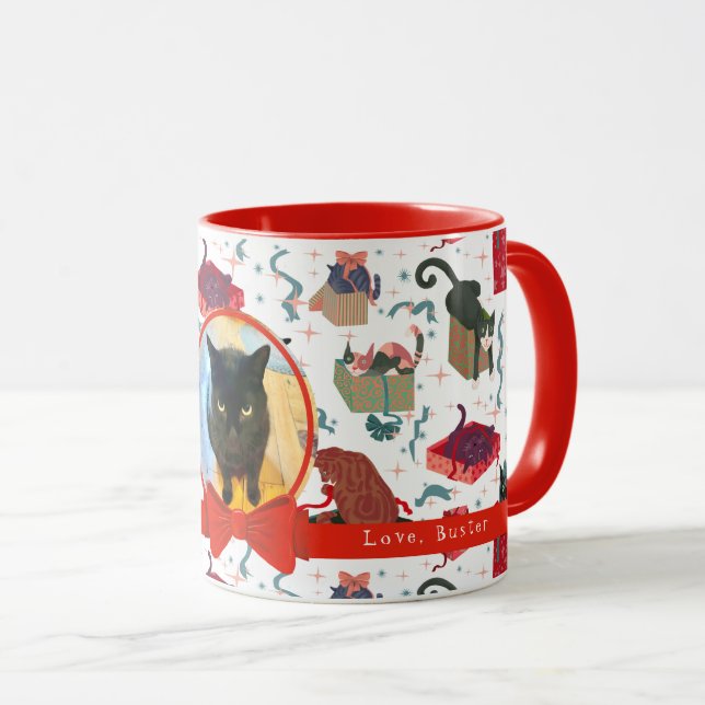 Funny Cats In Christmas Boxes Personalised Photo  Mug (Front Right)