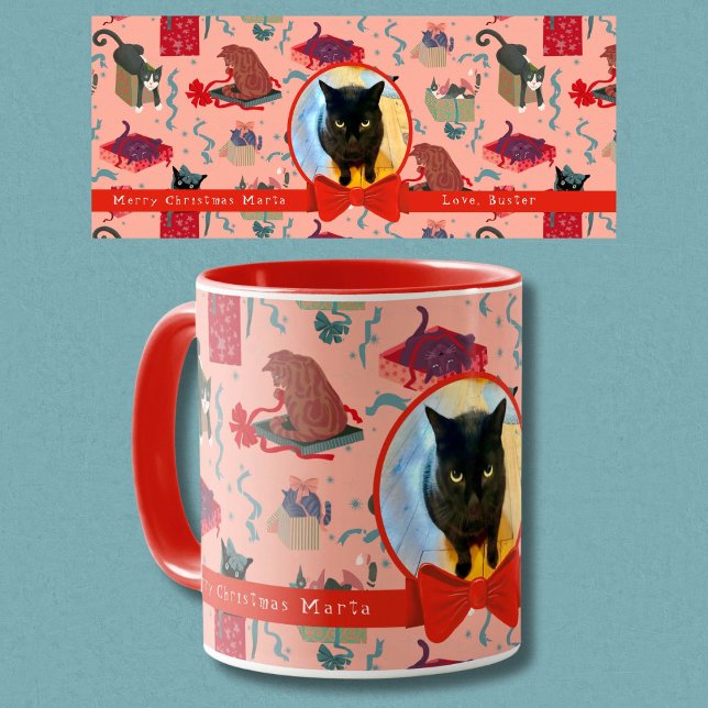 Funny Cats In Christmas Boxes Personalised Photo  Mug (Add a photo of their special cat to this cute holiday mug Personalized for them. 4 colors available.)