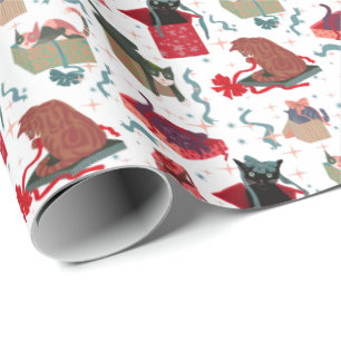 Funny Cats In Christmas Boxes White Red Green Wrapping Paper