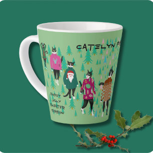 Funny Cats in Ugly Christmas Sweaters green Latte Mug