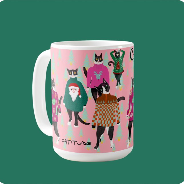 Funny Cats in Ugly Christmas Sweaters Pink Custom Coffee Mug (Funny tuxedo cats stroll the catwalk in their ugly Christmas sweaters funny personalized gift mug)