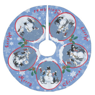 Funny Cats Meet Snowman Narrative Custom  Brushed Polyester Tree Skirt