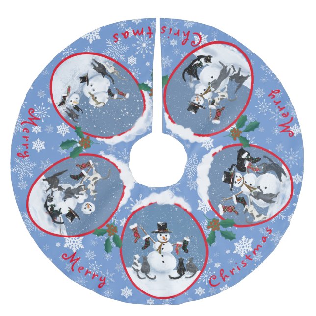 Funny Cats Meet Snowman Narrative Custom  Brushed Polyester Tree Skirt (Front)