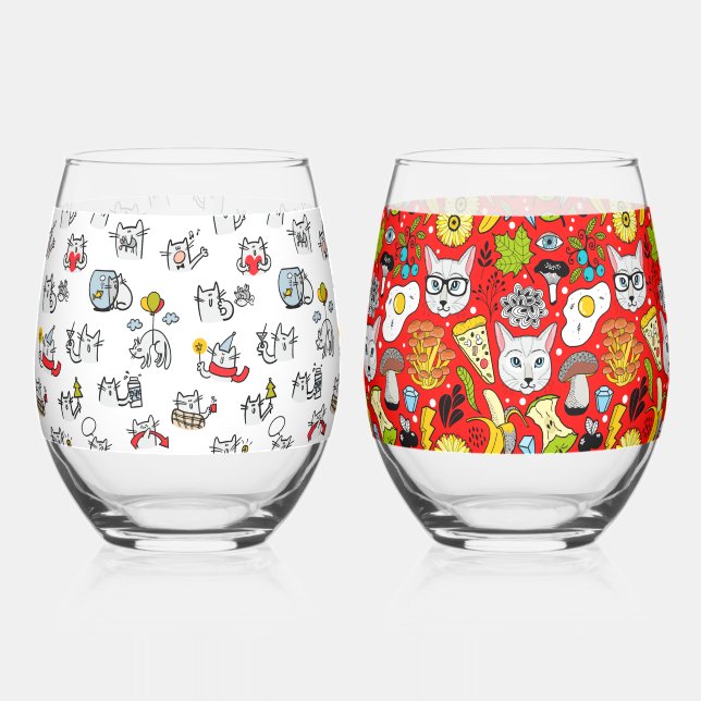 Funny cats, milk and magic. stemless wine glass (Front)