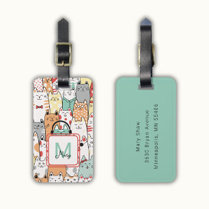 Funny Cats Pastel Name Colourful Monogram Address Luggage Tag