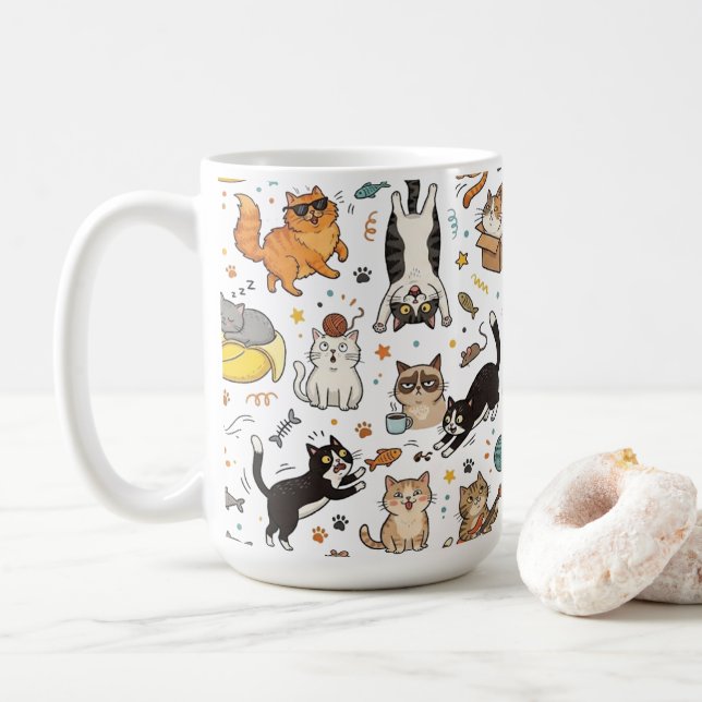 Funny Cats Pattern Mug For Cat Lovers (With Donut)