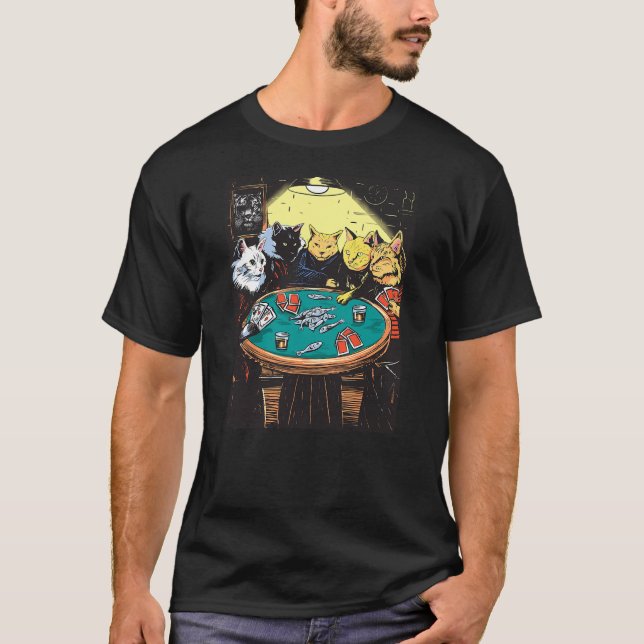 Funny Cats Playing Poker Art Cat T-Shirt (Front)
