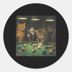 Funny Cats Playing Pool Vintage Billiards Meme Classic Round Sticker