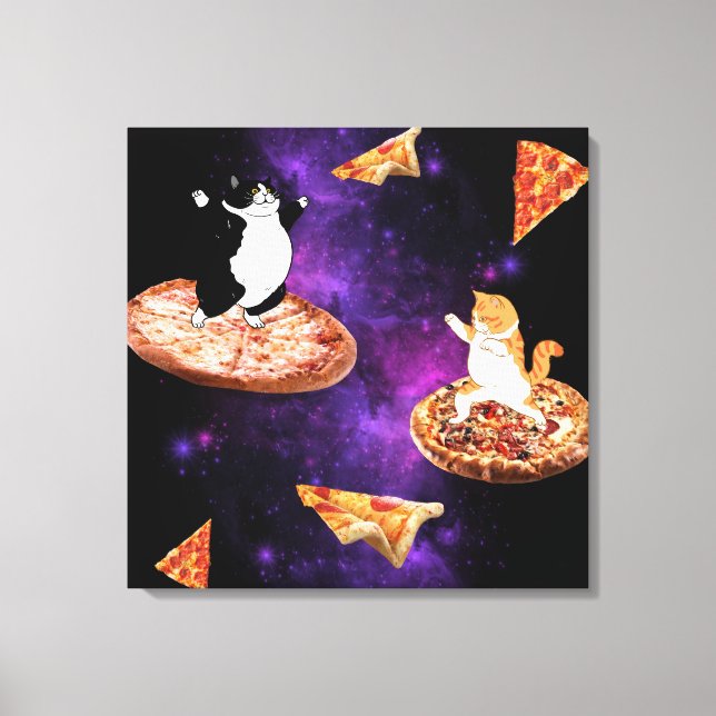 Funny cats riding pizza on space canvas print (Front)