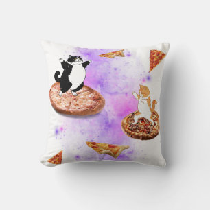 Funny cats riding pizza on space cushion