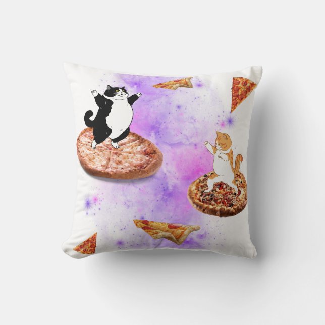 Funny cats riding pizza on space cushion (Front)
