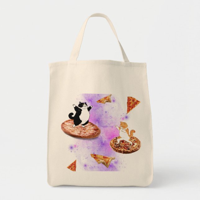 Funny cats riding pizza on space tote bag (Front)