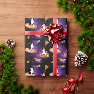 Funny cats riding pizza on space wrapping paper
