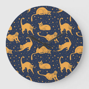 Funny cats, stars, space pattern. large clock