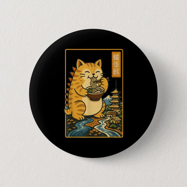 Funny Catzilla Anime Ramen Japanese Cat Men Women  6 Cm Round Badge (Front)