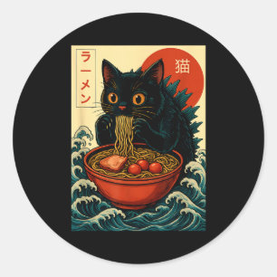 Funny Catzilla Anime Ramen Japanese Cat Men Women Classic Round Sticker