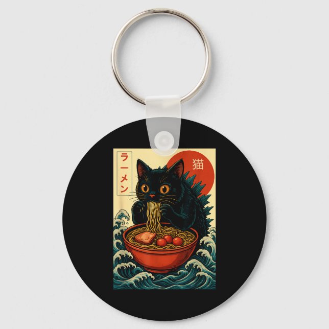Funny Catzilla Anime Ramen Japanese Cat Men Women  Key Ring (Front)